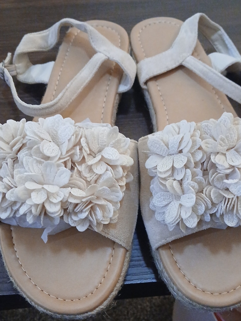 Women's Floral Suede Ankle-Strap Sandals in Beige